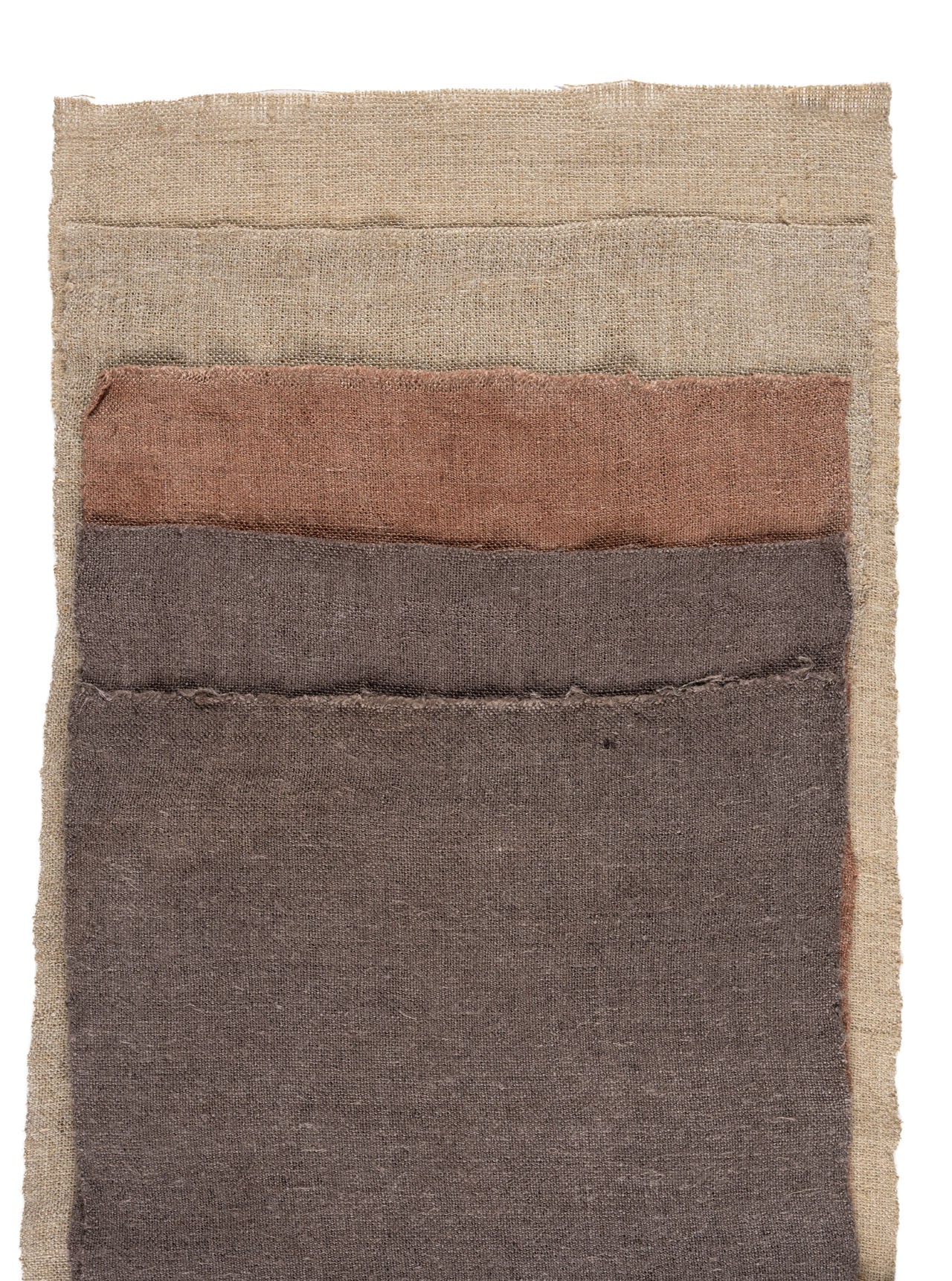 Foto 4. Linane kangas, mis värvitud 19. sajandi alguses Setomaalt kogutud kirjeldusele toetudes. Etapid ülevalt alla: pesemata ja pleegitamata kangas, kangas pärast pesu, kasekoorte ja tuhaleelise keeduses hautatud kangas, üleöö rauamudas hoitud kangas, kasekoorte keeduses uuesti üle värvitud kangas. Värvis Liis Luhamaa. Foto Anu Ansu